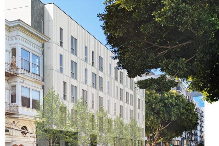 Architectural rendering of a proposed multi-story affordable housing building at 285 12th Street in downtown Oakland.