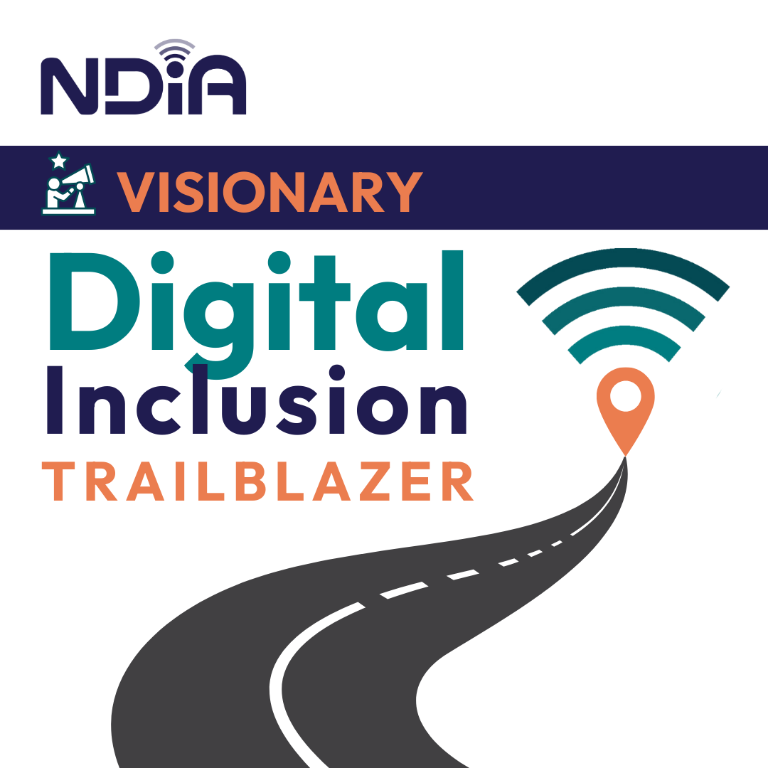 NDiA Visionary Digital Inclusion Trailblazer badge features an illustration of a road with a wifi signal symbol at the end.