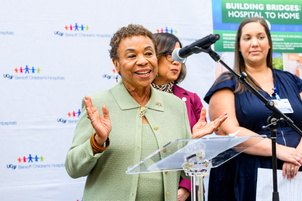 Oakland Mayor Barbara Lee speaks at the Building Bridges: Hospital to Home press conference at UCSF Benioff Children’s Hospital Oakland.